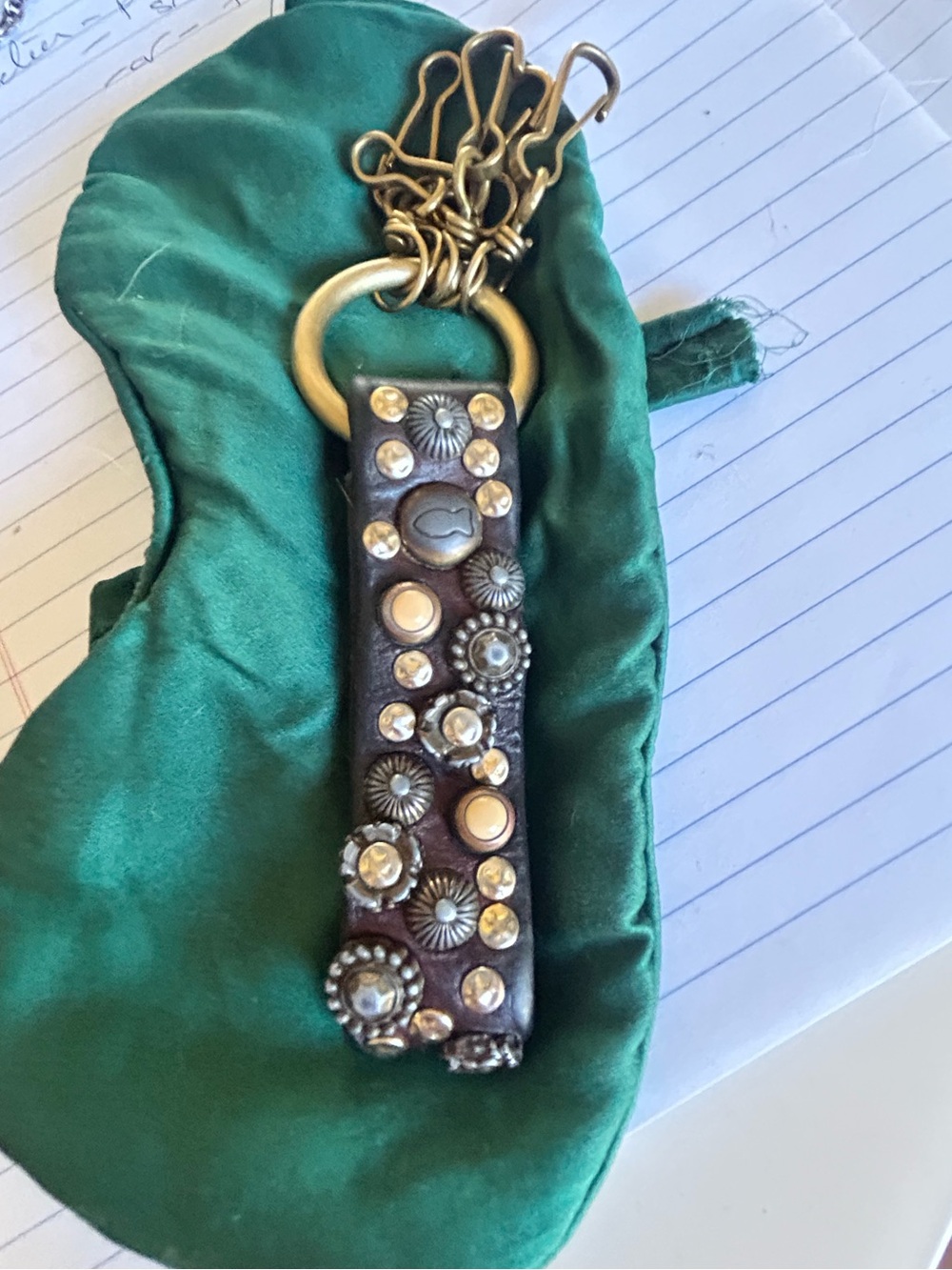Campomaggi Floral Rhinestone Leather Key Fob with Brass Rings - Brown & Gold